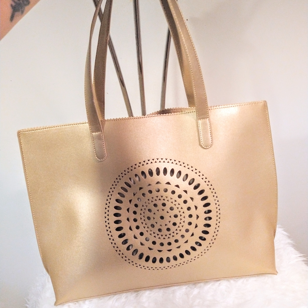 Large Neiman Marcus gold tote bag, mandala bag, boho, hippie, shoulder t…